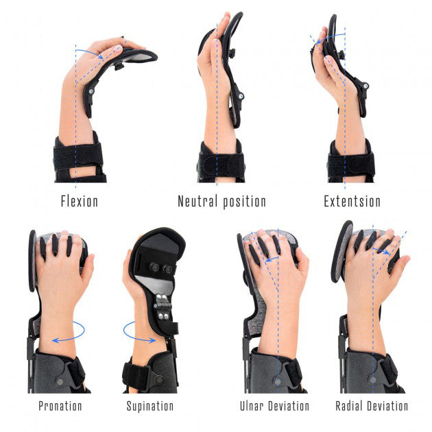 Attelle de coude articulée avec orthèse de main au repos