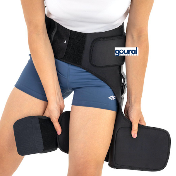 Hip bandage with adjustable articulated stabilizer