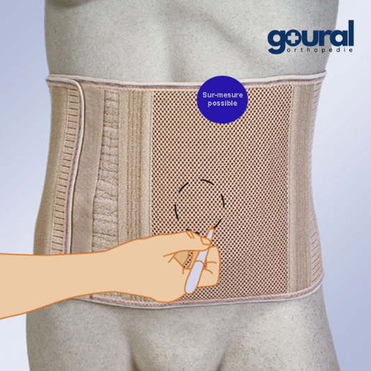 Abdominal support belt with cut-out area for stoma and StomaCare plastron