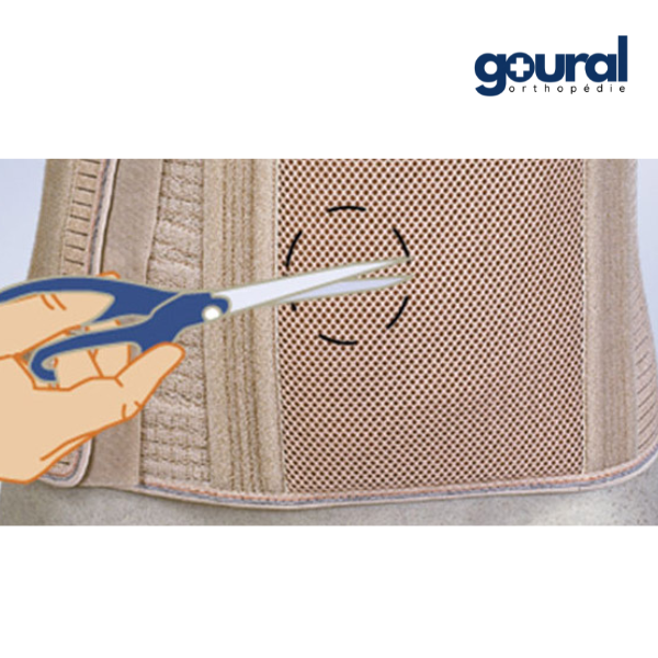 Abdominal support belt with cut-out area for stoma and StomaCare plastron