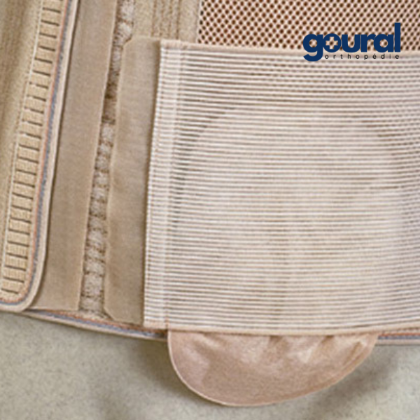 Abdominal support belt with cut-out area for stoma and StomaCare plastron