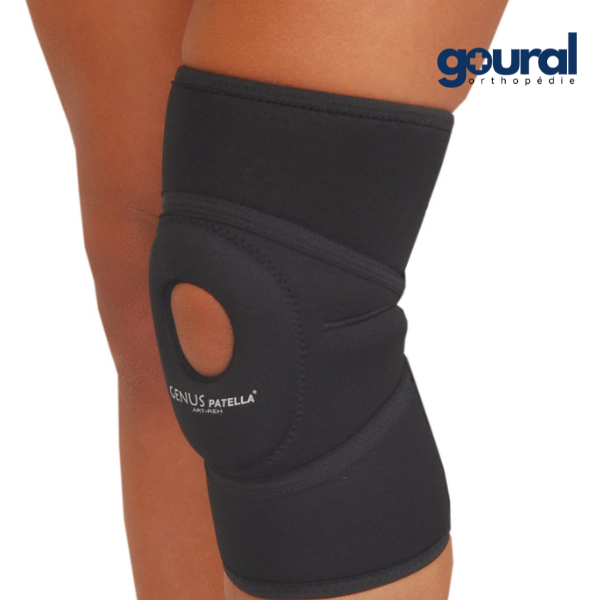 Genus patella window knee brace and patella centering
