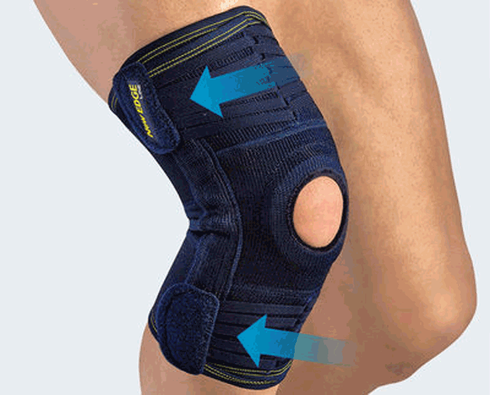 Genouillère ligamentaire réglable évolutive à fenêtre rotulienne