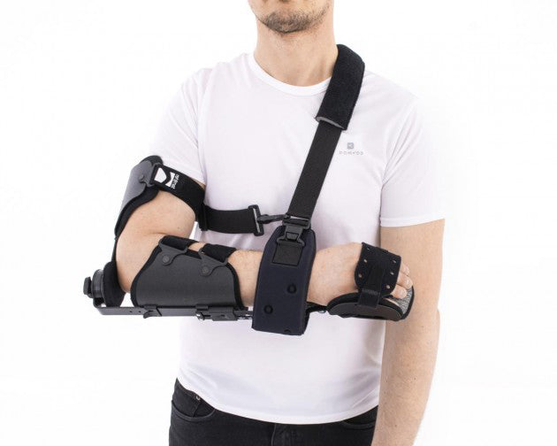 Attelle de coude articulée avec orthèse de main au repos