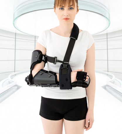 Attelle de coude articulée avec orthèse de main au repos