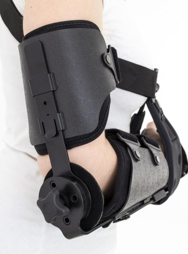 Attelle de coude articulée avec orthèse de main au repos